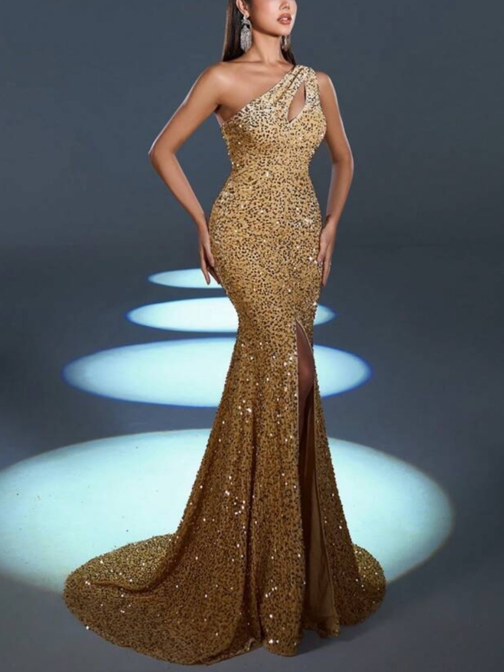 Champagne One-Shoulder Sequin Evening Gown